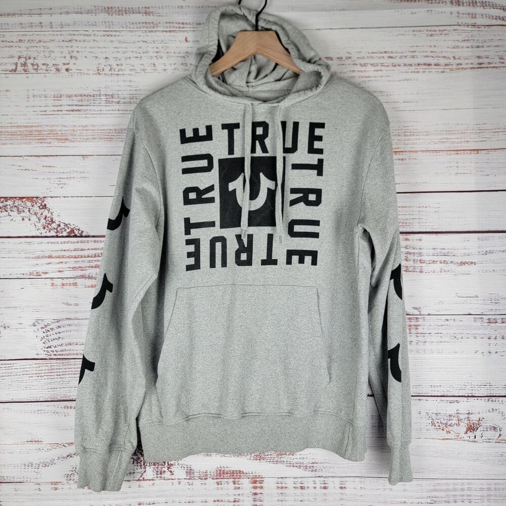 True Religion Gray Mens M Pullover Hoodie Fleece Graphic Print Hooded
